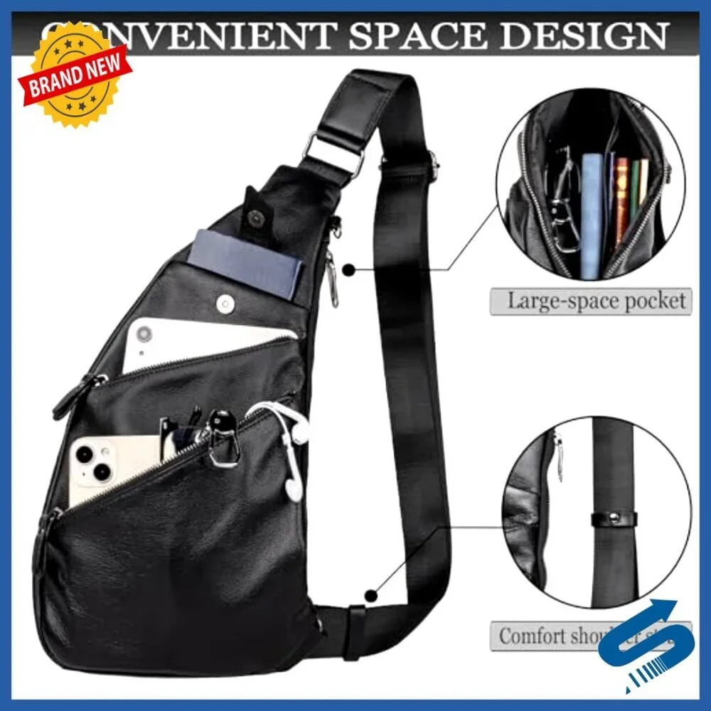 Leather Sling Bag Crossbody Backpack for Men, Black